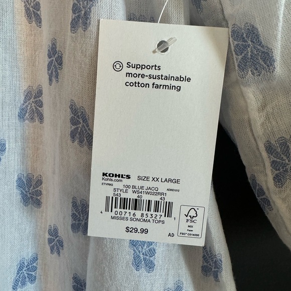 NWT Sonoma Blue & White Printed Peasant Blouse | Size XXL - Picture 2 of 5